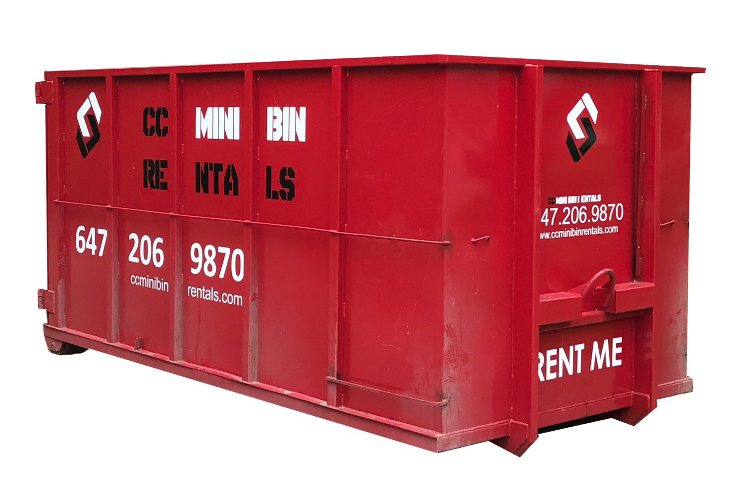 Red disposal bin by CC Mini Bin Rentals